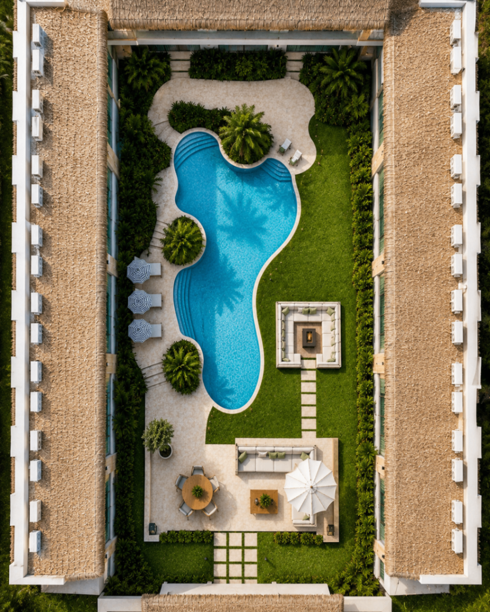 Vista aérea superior da piscina e área de convivência durante o dia