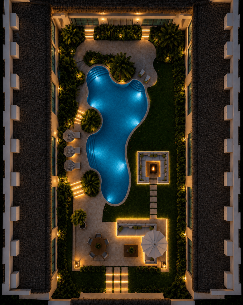 Vista aérea noturna da piscina e área externa iluminada