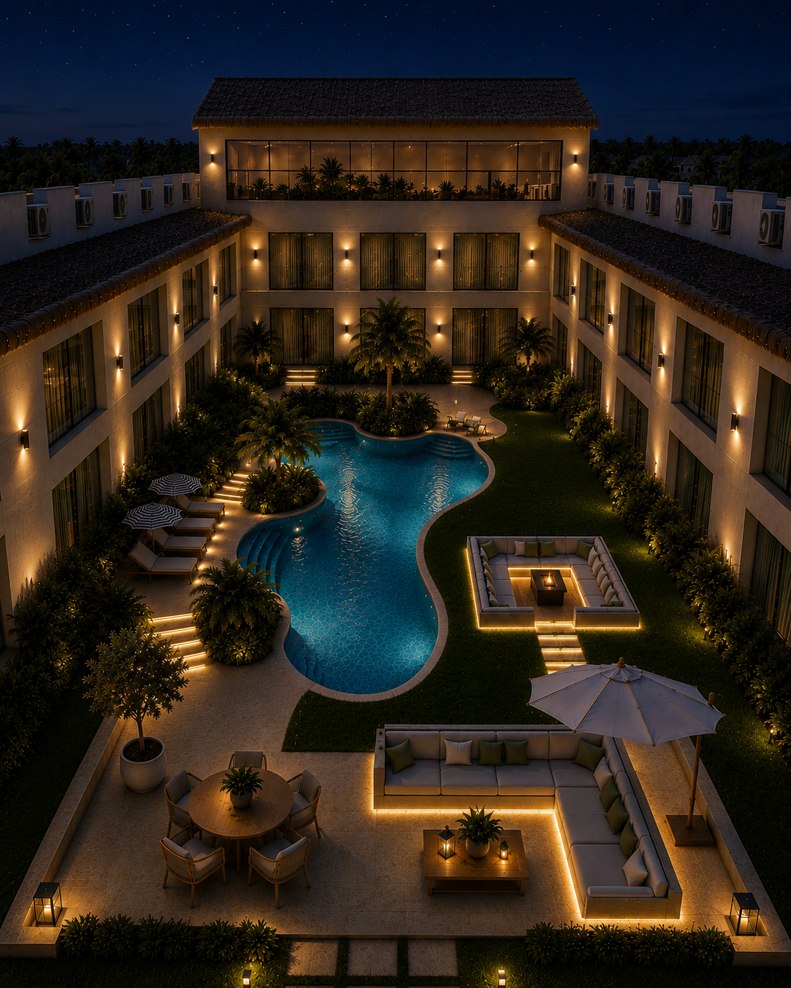 Vista aérea noturna da piscina central com lounges iluminados