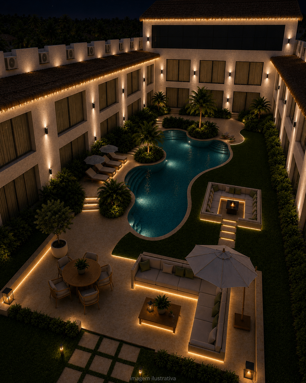 Vista aérea ilustrativa da piscina iluminada à noite