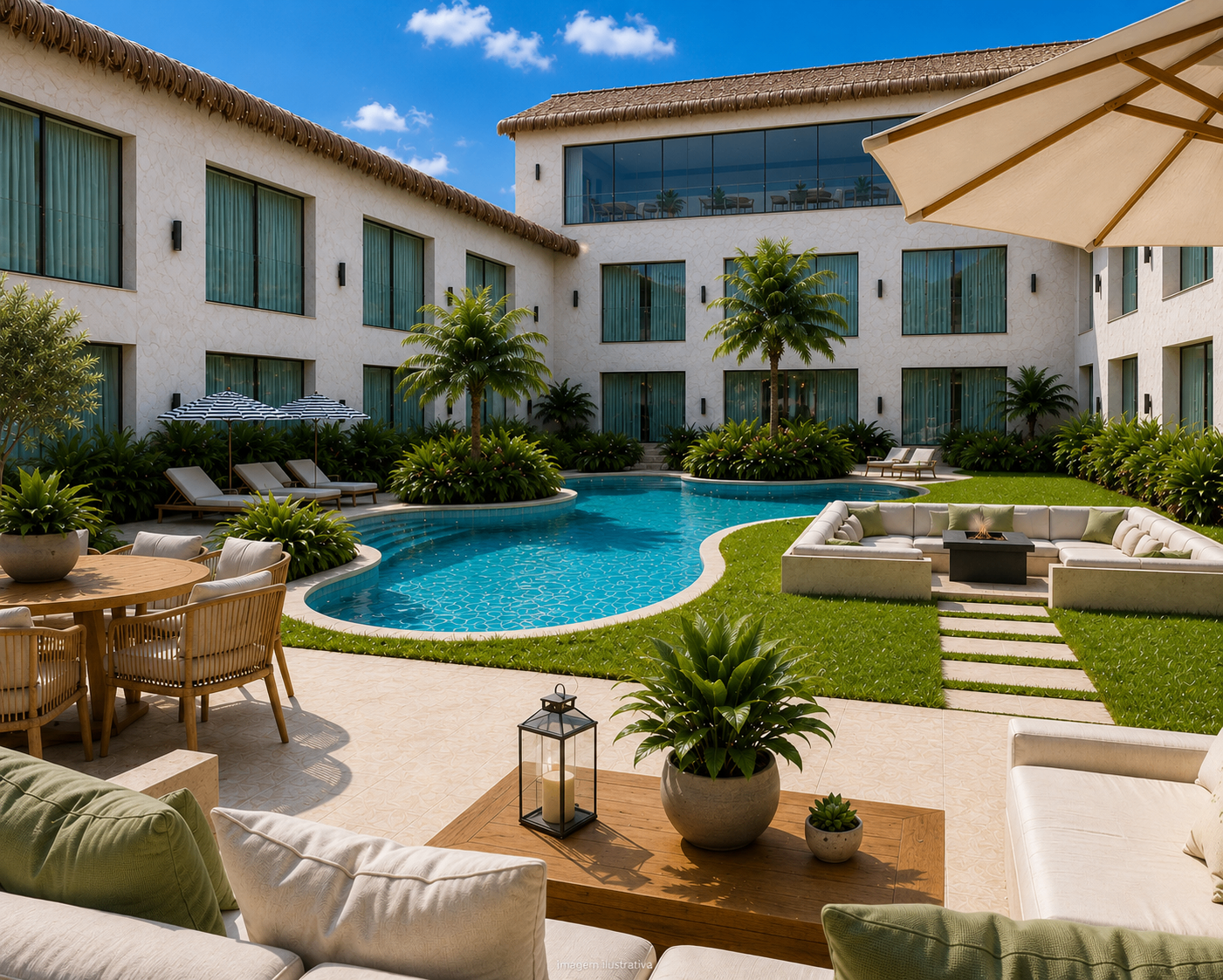 Piscina com lounges e paisagismo em perspectiva diurna