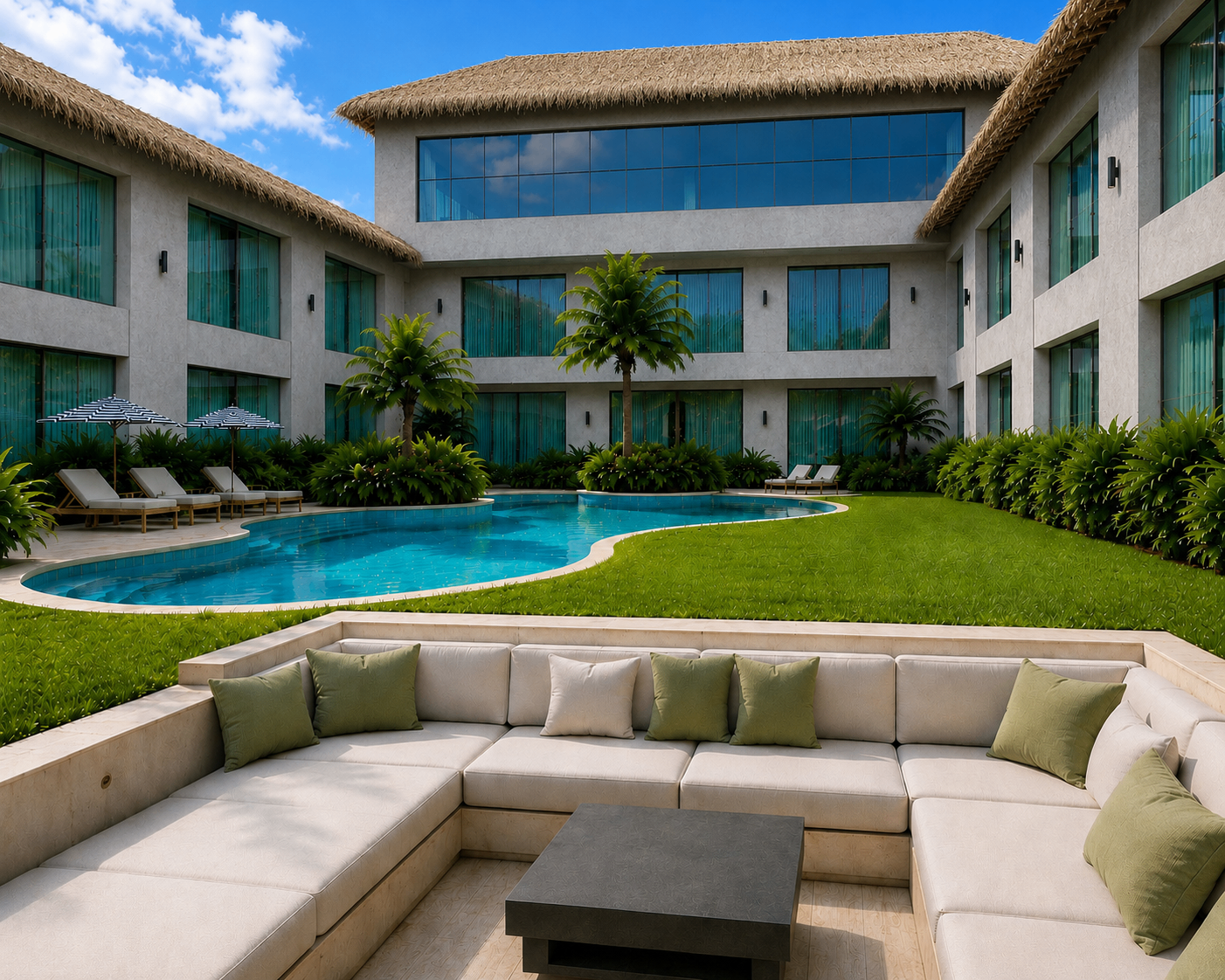 Área de piscina e lounge durante o dia