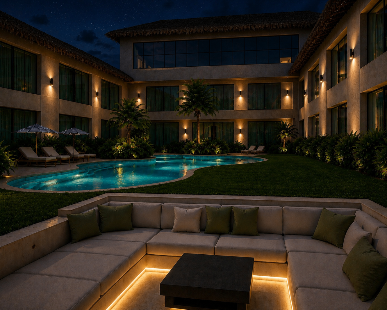 Lounge externo ilustrativo com piscina ao fundo durante a noite