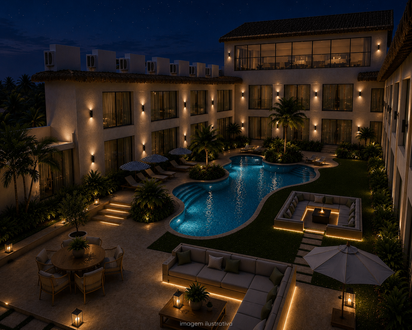 Área de piscina iluminada à noite