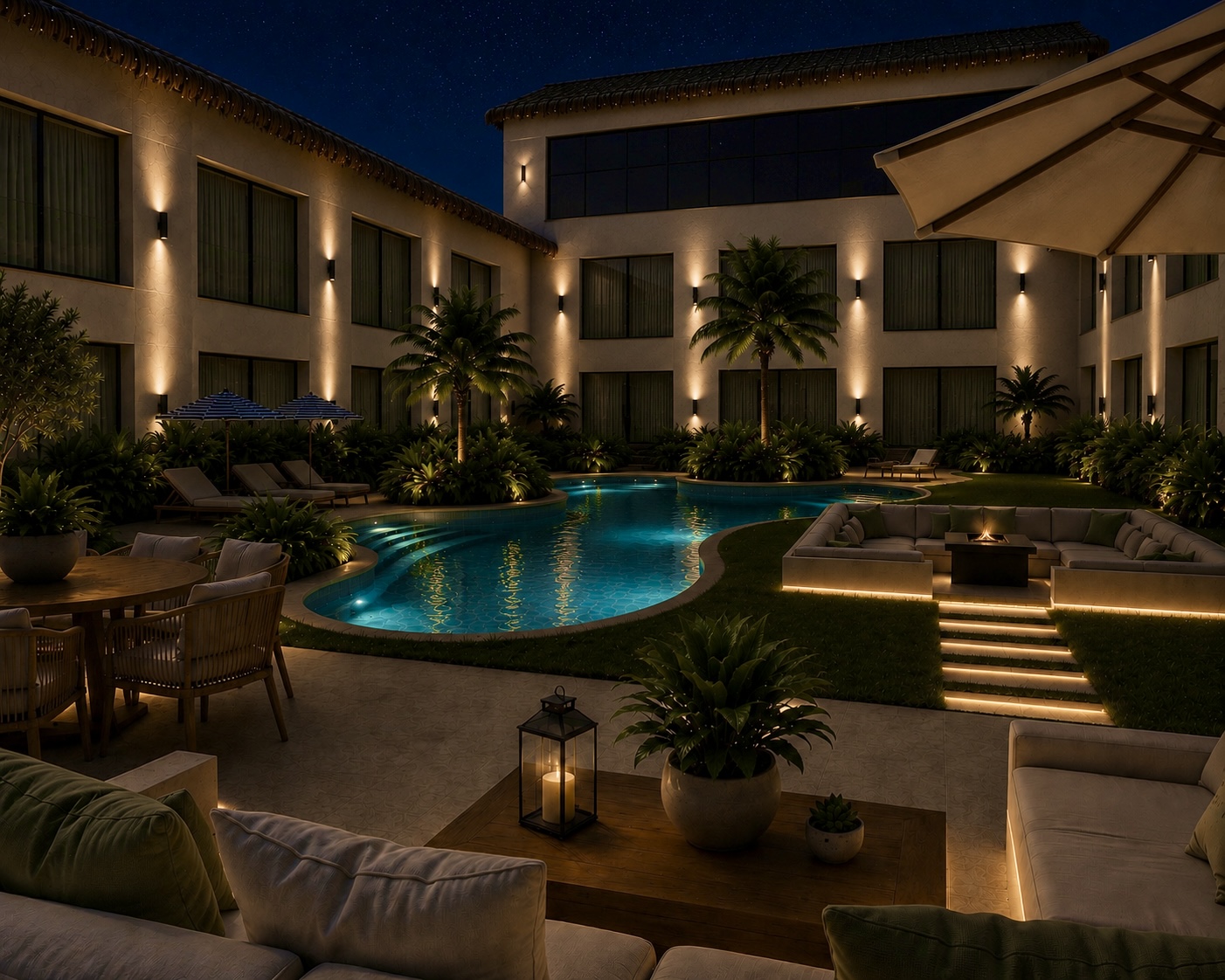 Área externa com piscina e lounges à noite