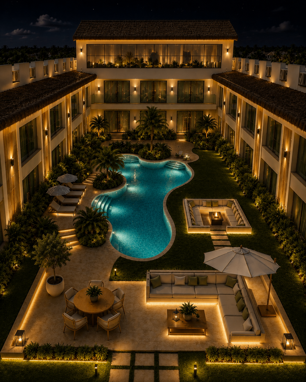 Vista superior da piscina iluminada à noite