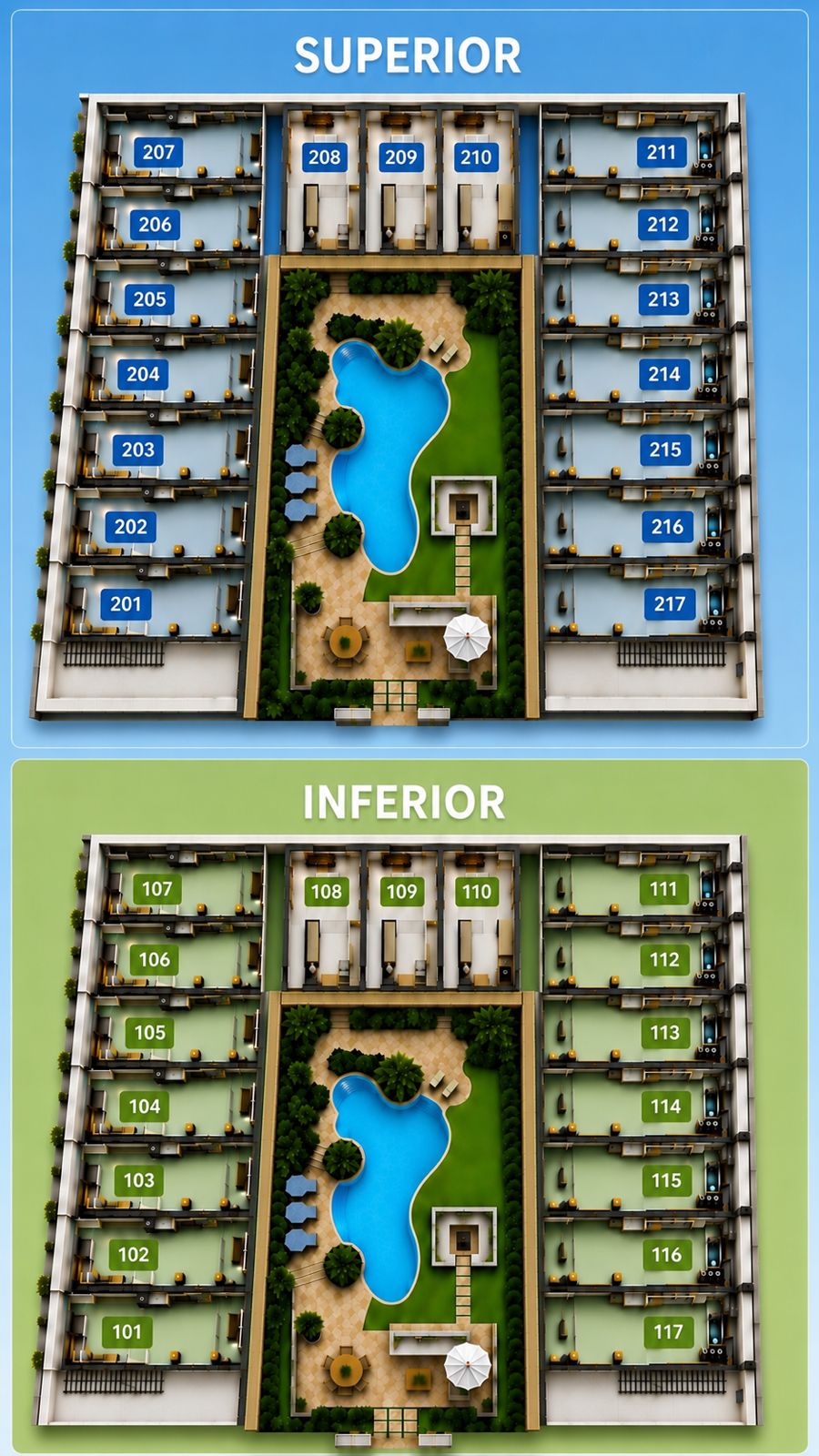 Mapa de distribuição dos apartamentos superiores e inferiores